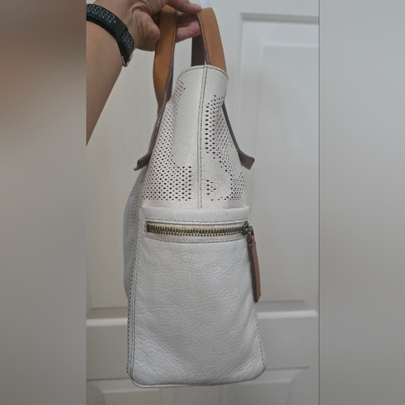 Fossil White and Tan Perforated Tote With Side Zip Pockets - Picture 6 of 17